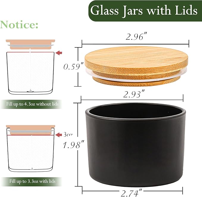 CONNOO 15 Pack 4 OZ Matte Black Glass Candle Jars with Airtight Bamboo Lids for Making Candles, Bulk Small Wide Mouth Empty Candle Containers with Sticky Warning Labels - Dishwasher Safe
