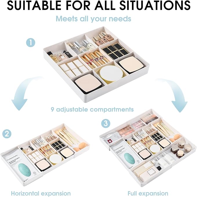 MIUOPUR Expandable Drawer Organizer, Width (10.6"-20.1") Depth (11"-20.1"), Plastic Makeup Drawer Organizer with 6 Removable Dividers, Silverware Organizer, Great for kitchen and Bathroom Drawers