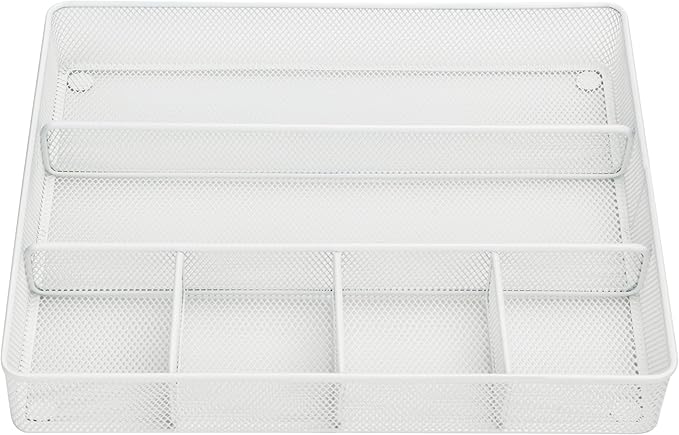 Annova Desk Top Organizer Tray for Office Organization - Metal Mesh - Storage Tray with Dividers for Pens, Desktop Accessories, Bathroom, Kitchen, Makeup and Office Supplies (Large, White)