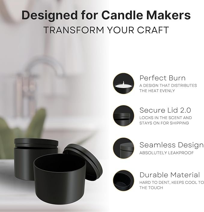 True Candle Tins for Making Candles - 24 Pack of 4 oz Black Candle Containers Bulk 4oz - Empty tins with lids for Candles - Premium Metal Jars, DIY Vessels | Painted Outside and Inside | Matte Black