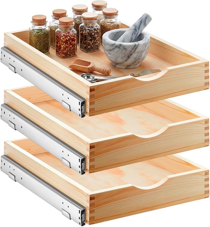Sintuff 3 Pack Wooden Pull out Tray Cabinet Organizer Gentle Close Roll out Shelves for Kitchen Cabinets Fully Assembled Slide Pantry Shelves (15'' X 21'')