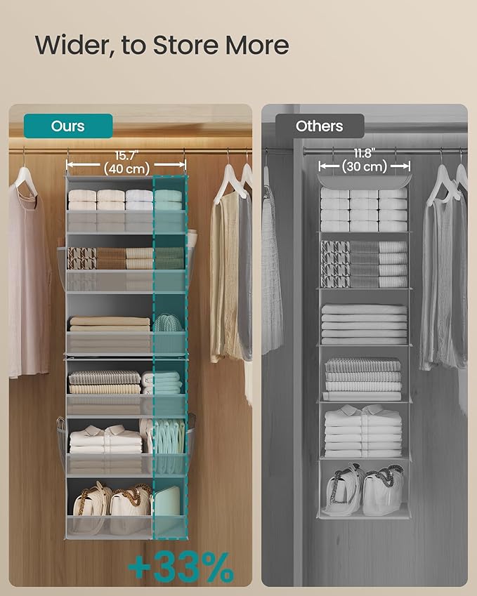 SONGMICS Set of 2 Hanging Closet Organizers, 6-Tier Fabric Storage Shelf, Separable Closet Hanging Shelf with Side Pockets, Foldable, Metal Hooks and Bamboo Inserts, Dove Gray URCH008G01