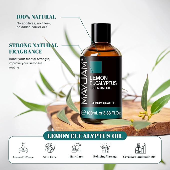 Lemon Eucalyptus Essential Oil, MAYJAM 3.38FL.OZ/100ML Large Volume Lemon Eucalyptus Oil with Premium Glass Dropper, Perfect for Soaps, Candles, Diffuser