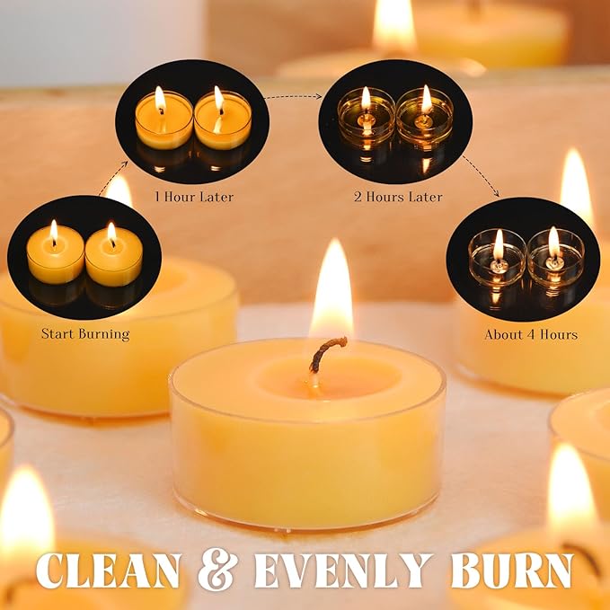 48 Pack Natural Yellow Pure Beeswax Tealight Candles - Organic Small Candle Natural Scent Smokeless Clean Burning