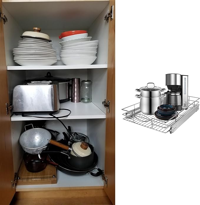 Sikarou Pull Out Cabinet Organizer 23" W x 21" D, Heavy Duty Kitchen Cabinet Pull Out Shelves, Slide Out Wire Basket for Kitchen Cabinets, Bathroom, Pantry, Chrome Finish