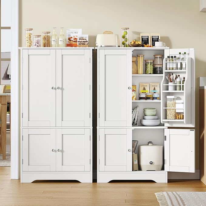 TEENFON 43'H Pantry Cabinet with 4 Doors, Kitchen Cabinet with 6 Door Shelves, Storage Cabinet-Kitchen Pantry for Living Room, Dining Room, Bathroom, White