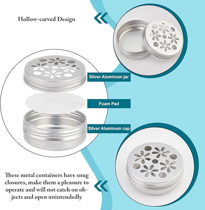 PH PandaHall 2 Ounce Aluminium Tins, 12pcs 3 Styles Empty Storage Containers with Hollow Lids 60ml Screw Lid Round Jars Sample for Aromatherapy Air Freshener Candles Travel Storage