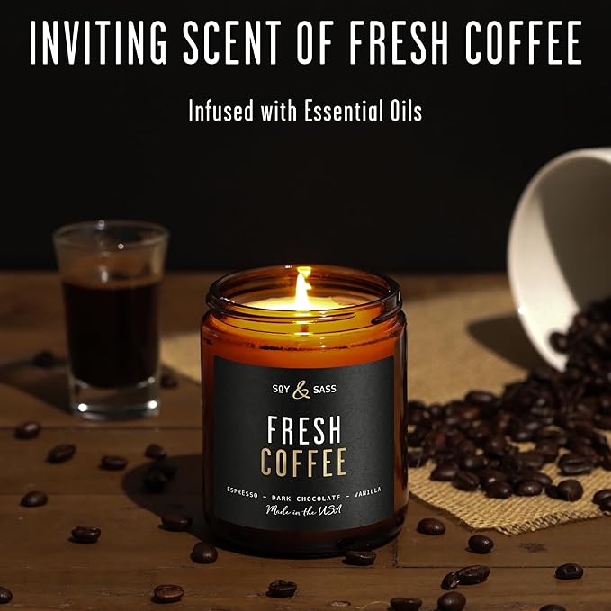 Fresh Coffee Candle - Black Candles for Men or Women - Dark Coffee Beans, Caramel & Vanilla Cream Soy Wax Scented Mens Candle - Infused w/Essential Oils | Long 50Hr Burn, 9oz I Non Toxic I Made in USA