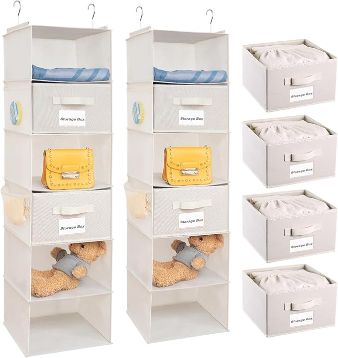 BrilliantJo 2 Pack 6 Shelves Hanging Closet Organizer with 2 Drawer, Hanging Storage with 4 Side Pockets for Clothes Shoes, 43.5"x12"x12"(Beige)