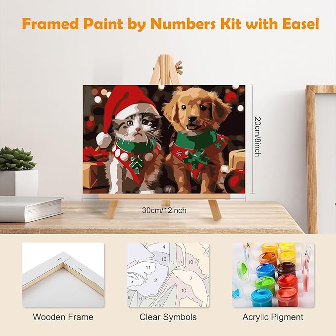 MOGTAA Christmas Paint by Numbers Kit for Adults Beginners with Frame, Cat and Dog Adult Paint by Number Kits on Canvas with Easel, Easy DIY Animal Oil Painting Kits for Home Decor, 8x12in