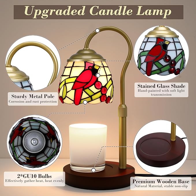 Candle Warmer Lamp with Timer Dimmer, Adjustable Height Candle Warmer for Jar Candles, Birthday Gifts for Women New Home Bedroom Decor Tiffany Red Cardinal Style Stained Glass with 2 Bulbs