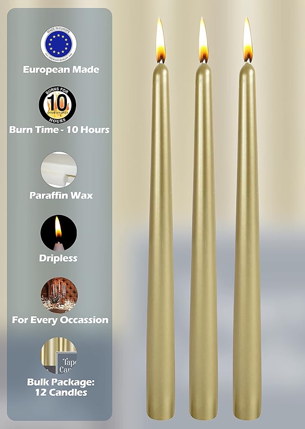 Hyoola Tall Metallic Cream Gold Taper Candles - 12 Inch - Dripless - 12 Pack - 10 Hour Burn Time