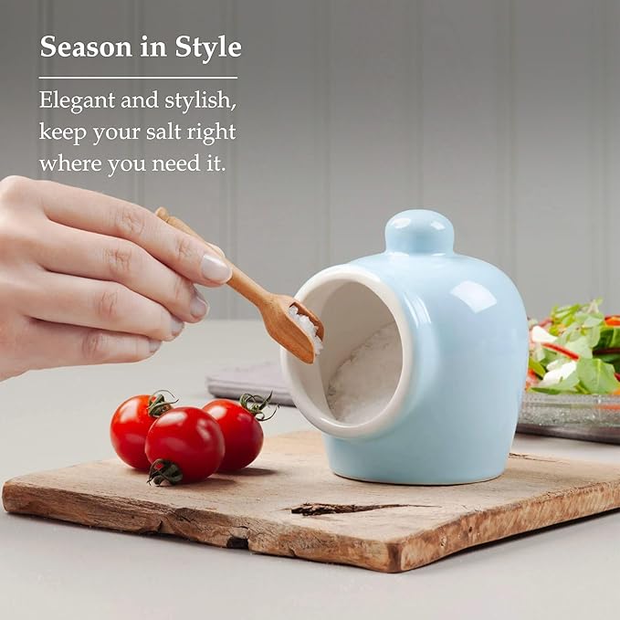 Wm Bartleet & Sons Traditional Porcelain Small Salt Pig with Wooden Salt Serving Spoon - Blue