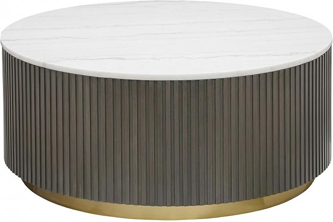 Furnifact White and Charcoal Round Coffee Table Jason Marble Top Contemporary Design Durable Wood Finish Stylish Living Room Accent