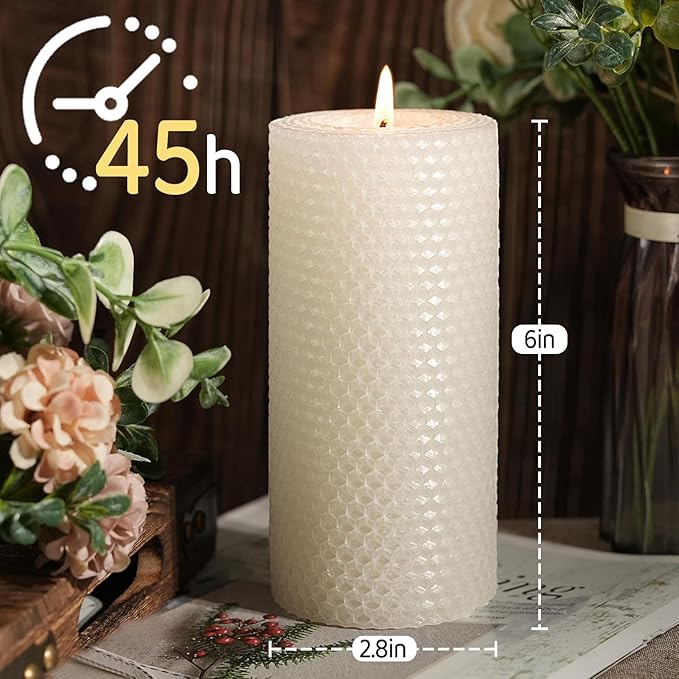 White Beeswax Pillar Candles, 2 Pack Hand-Rolled Beeswax Candles-90 Hours Long Burning, Handcrafted Honeycomb Bees Wax for Home, Bee Themed Gifts for Candle Lovers (2.8x6 in)