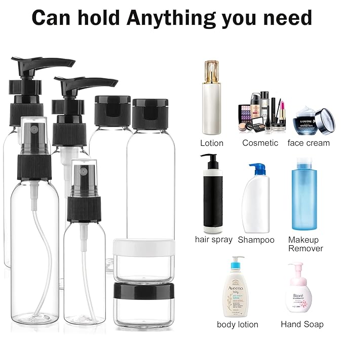 Cosywell Travel Size Bottles for Toiletries 15 Pack 2oz TSA Approved Toiletry Bottles Leak Proof Travel Kit for Women Men TSA Clear Toiletry Bag Shampoo Lotion Skincare Cosmetic Container(Black)