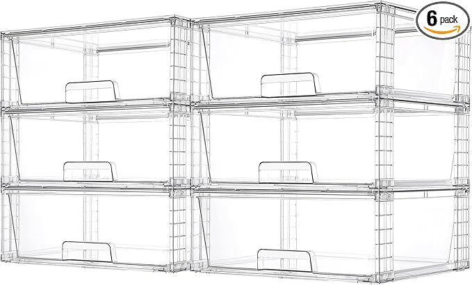 Vtopmart 6 Pack Large Stackable Storage Drawers,Easily Assemble Clear Acrylic Bathroom Closet Undersink Organizers,Plastic Storage Bins for Cabinet,Kitchen Pantry,Medicine Organization