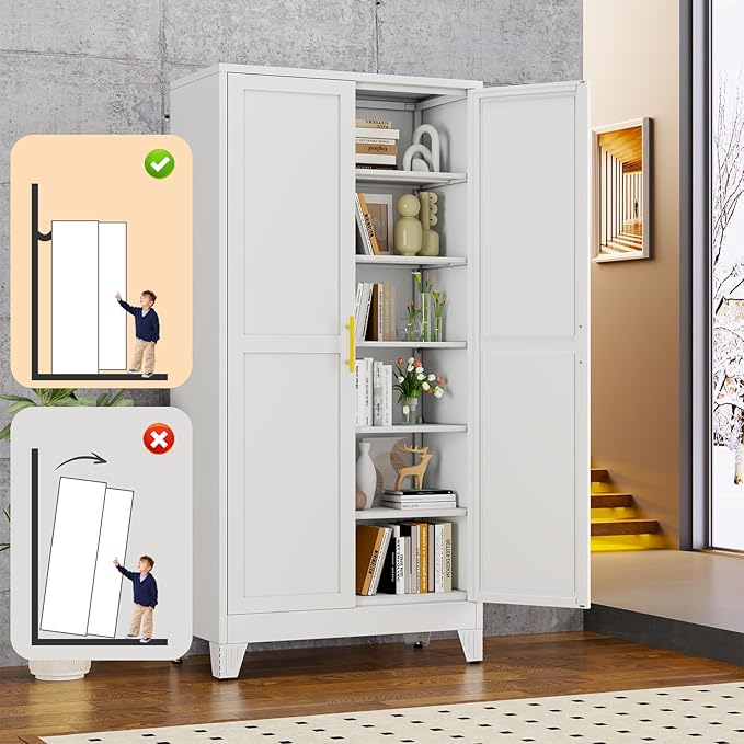 White Metal Storage Cabinet,75" Steel Cabinets for Home Office, Kitchen Pantry Storage Cabinet with Doors and 5 Adjustable Shelves, Tool Cabinets, for Office, Home, Garage, School, 36" W
