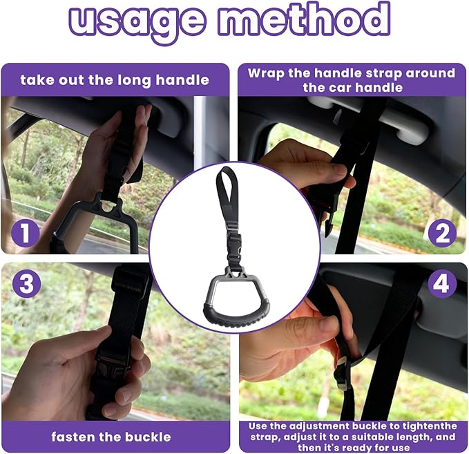 2-in-1 Car Assist Handle Kit | Adjustable Overhead & Backseat Assist Bar with Soft Rubber Grip for Added Support Entering and Exiting Vehicle (4, Black)