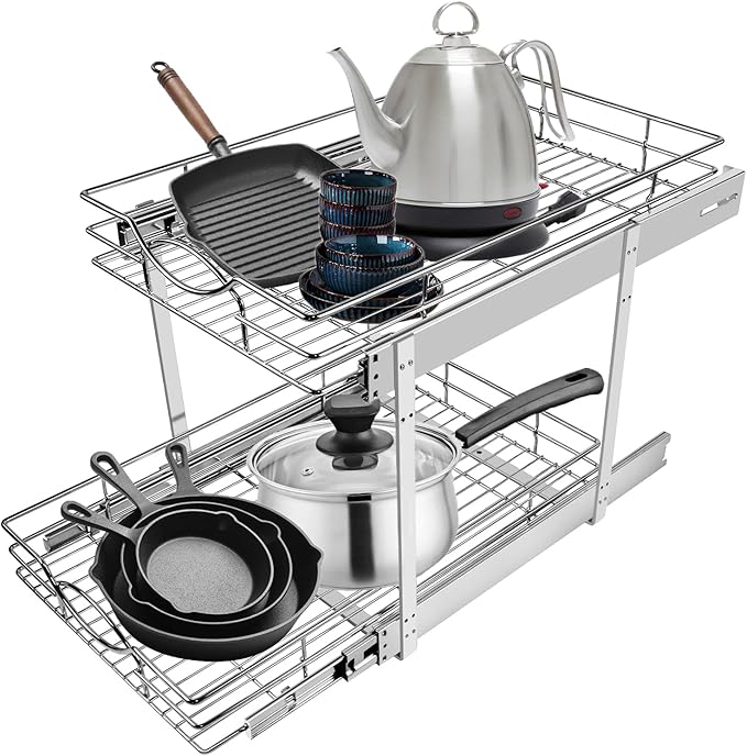 Sikarou Pull Out Cabinet Organizer 11" W x 21" D 2-Tier Individual Slide Out Drawer Pantry Shelf Storage for Kitchen Base Cabinet Organization for Kitchen, Bathroom, Pantry, Chrome
