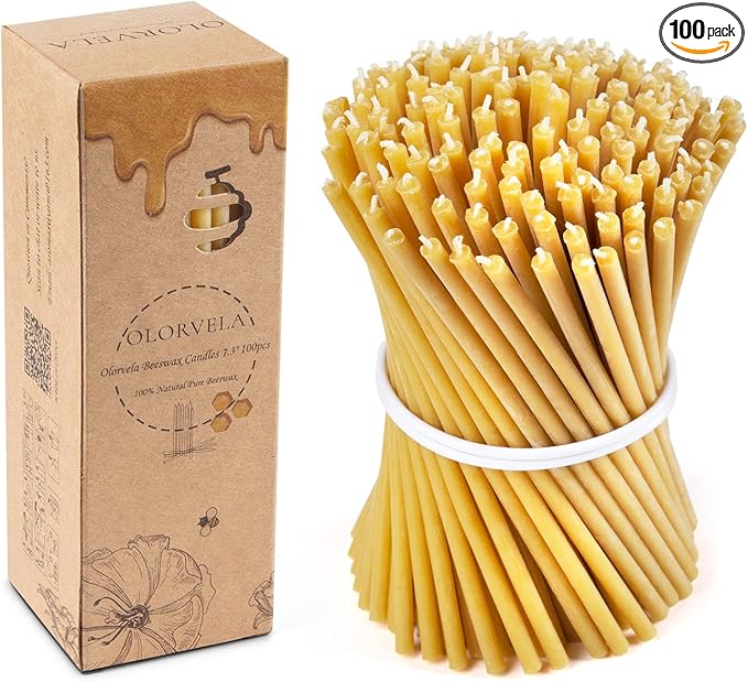 Pure Beeswax Candles, 7.3" Decorative Thin Taper Candles,Honey Scented, Dripless, Smokeless, 40min Burn Time for Birthday, Dinner, Prayer, Church, Hanukkah, Christmas (Yellow, 100 pcs)