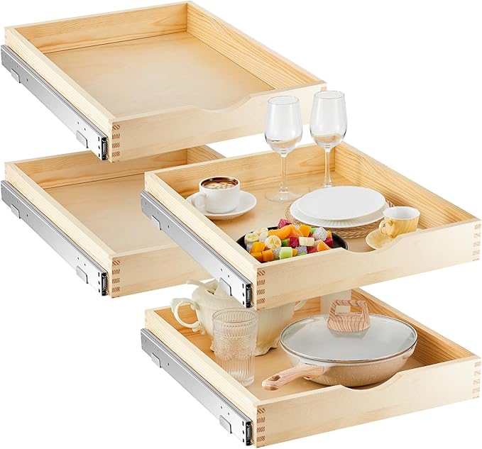 Sintuff 4 Pack Wooden Pull out Tray Cabinet Organizer Gentle Close Roll out Shelves for Kitchen Cabinets Fully Assembled Slide Pantry Shelves (18'' X 21'')