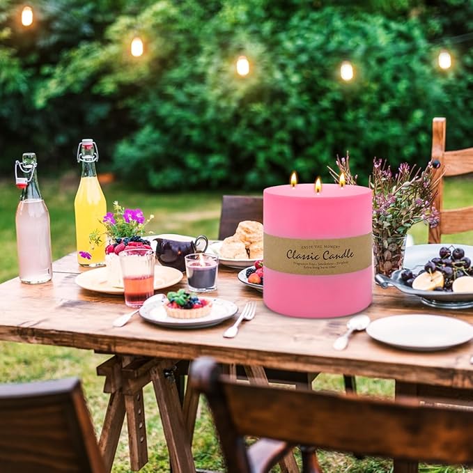 Large 3-Wick Pink Pillar Candle - 6x6 Inch Dripless & Smokeless Unscented Fat Candle, 120 Hour Long Burning Hand-Poured Thick Candle with Cotton Wicks