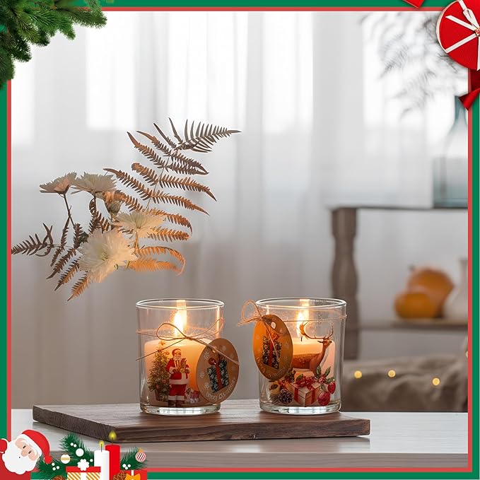 Potchen 12 Pack Christmas Santa Claus Clear Candle Jars for Making Candles 7 oz Empty Glass Jars with Wood Lids and Blessing Card Snowman Candle Containers for DIY Gifts Home Tea Party Holiday Decor