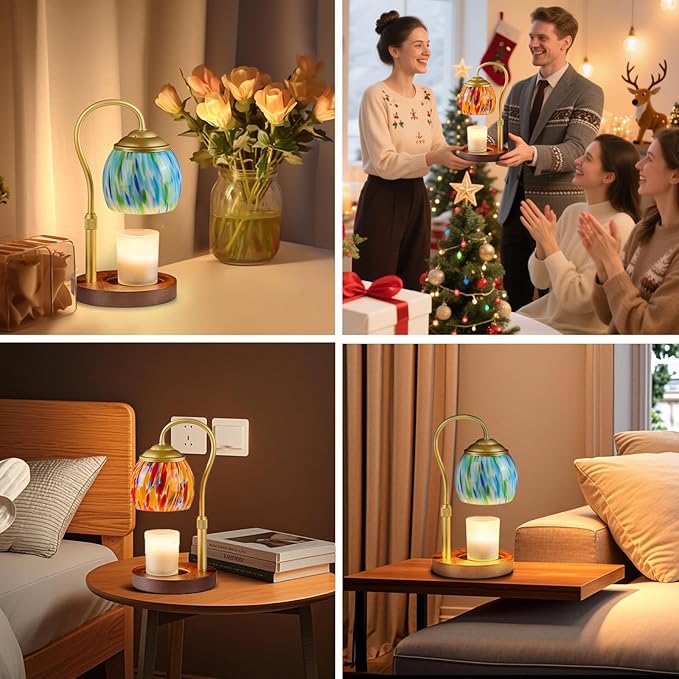 Red Opal art Glass Candle Warmer Lamp with Wood Base - Height Adjustable, 2/4/8H Timer, 4-Level Dimmer - Includes 2 GU10 Bulbs - Festive Winter Holiday Decor & Gifts for Women, Fits Candles up to 5"