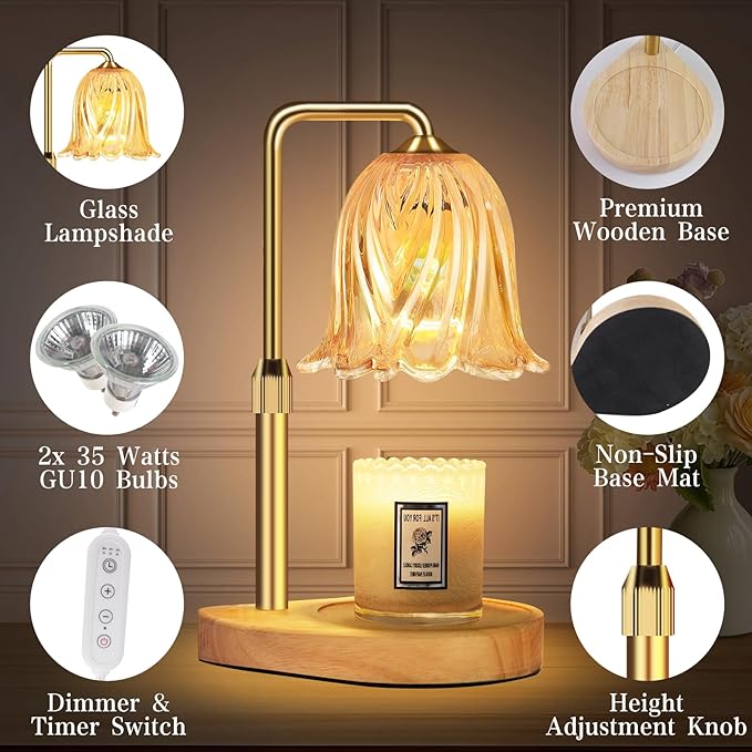 Candle Warmer Lamp with Timer Dimmable: Birthday Gifts for Women Adjustable Height Candles Light Warmers Lamps Gold Crystal Candle Warmer, House Warming Gift New Home Decor, Christmas Gifts for Women