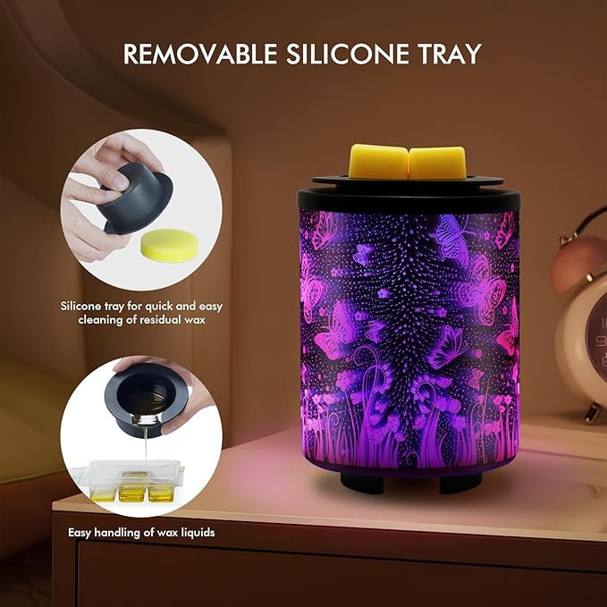 Electric Wax Melt Warmer with Timer (2/4/8H), 7-Color Changing LED Night Light, Removable Silicone Dish, PTC Safe Heating - 3D Glass Design for Home, Office Décor, Gifts for Mom