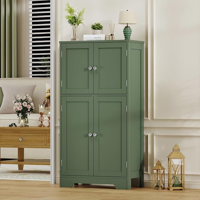 TEENFON Bathroom Storage Cabinet, Bathroom Cabinet with 4 Doors & 2 Adjustable Shelves, Cupboard, Cabinets for Living Room, Entryway, Office, Forest Green
