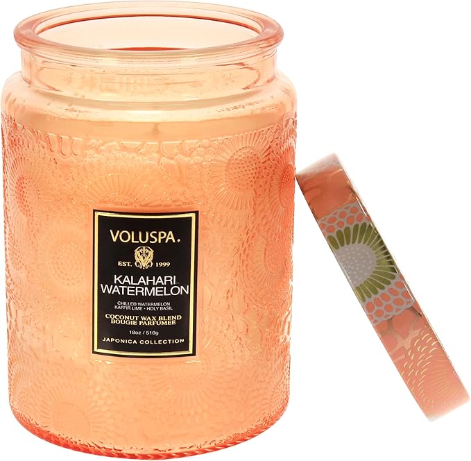 Voluspa Kalahari Watermelon, Large Candle Jar, 18 oz, 100 Hour Burn Time, Coconut Wax for Clean Burning, Handcrafted in the USA