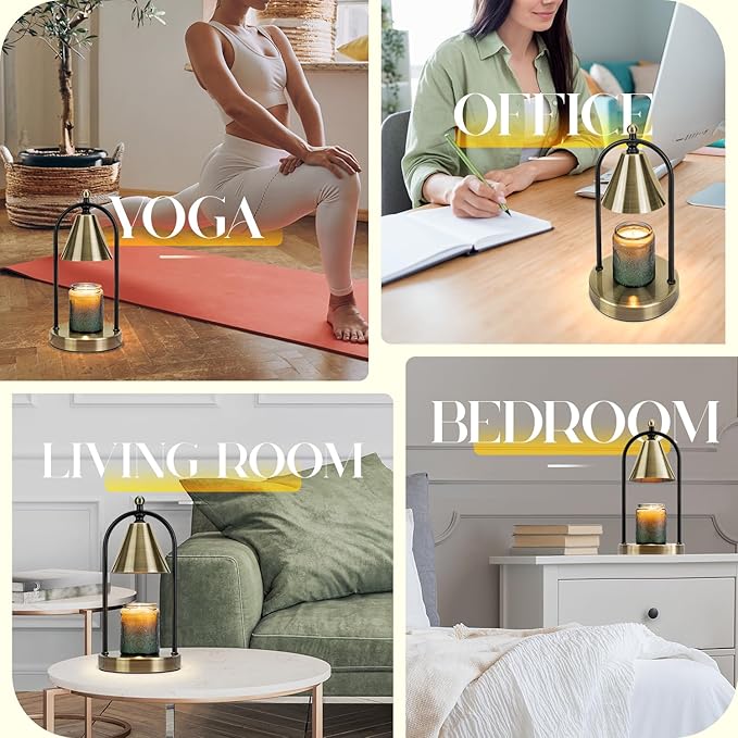 Soilsiu Candle Warmer Lamp with Timer, Electric Brass Light for Dimmable Wax Melts and Candle Jars, Bedroom Lamp Gifts for Women Home Decor (2 Bulbs)