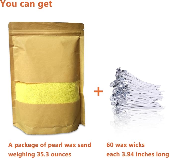 DRMAISON Pearled Candle Wax Sand DIY Kit - 35.3 oz, Cream Yellow, Non-Toxic&Smoke-Free, Refillable with 60 Wicks, Long-Lasting Flame, Highly Customizable for Wedding, Party&Holiday Decor