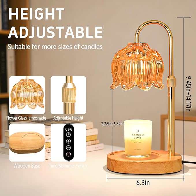 Flower Candle Warmer Lamp for Jar Candles with Timer & Dimmer, Adjustable Height Fits Large Jars up to 7.08" Tall, Flameless Wax Warmer, Cozy Bedroom Home Decor, Gift for Mom Women