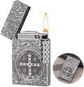 Vintage Butane Lighter, Amulet Saint Benedict Medal Motif, Refillable Lighter Soft Flame, Flip-Top Silver Side Wheel Frosted Pocket Lighter, Gifts for Men, Father, Husband (No Fuel)