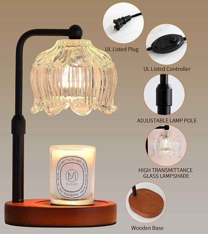 Candle Warmer Lamp for Flower-Shaped Glass,Wax Melt Warmer for Jar Candles, Black Candle Warmer Lamp with Timer Dimmable, Birthday Mother's Day Valentines Gifts for Women Mom Sister Wife Bedroom