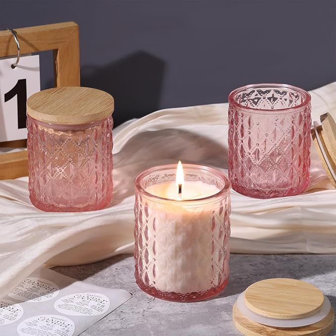 NITIME 15pcs 7.5oz Pink Candle Jars for Making Candles, Glass Candle Vessels with Bamboo Lids and Sticky Labels, Containers for Candle Making Supplies