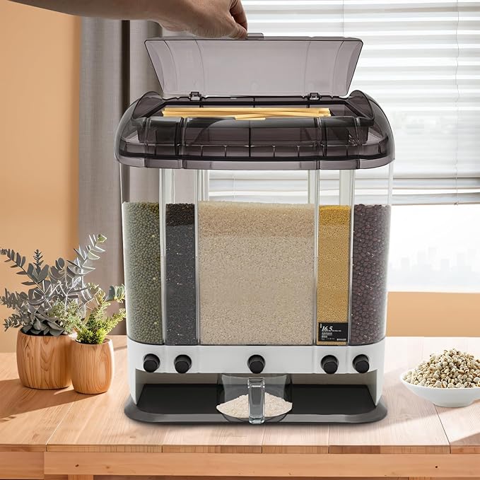5 Grid 33lbs Dry Grain and Rice Cereal Dispenser Grain Storage Container Dispenser with Lid, Beans Dispenser