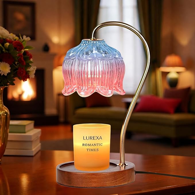Candle Warmer Lamp with Timer, Dimmable Wax Melt Lamp for Large & Standard Jar Candles, Includes 2 GU10 Bulbs, Elegant Vintage Home Decor Gift for Women & Mom (A1-Blue Pink Lotus)
