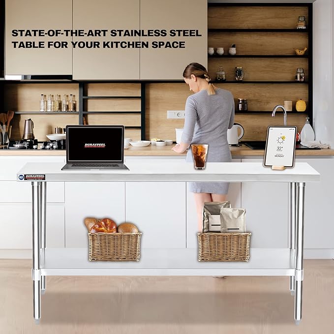 DuraSteel 24x72 Stainless Steel Work Table - NSF Commercial Prep Metal Table - Outdoor Pizza Oven Stand w/Under Shelf - Kitchen Island Laundry Utility Garage Microwave Stand Rolling Storage Cart Vevor