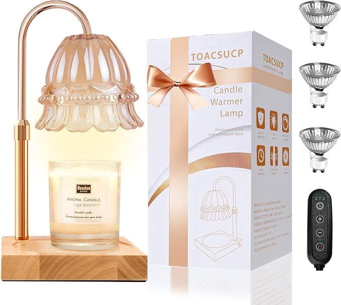 TOACSUCP Candle Warmer Lamp with 3 Bulbs, Adjustable Height Dimmable Candle Warmer with Timer, Compatible with Large Jar Candles, Flower Candle Warmer with Charming Gift Box Ribbon(Light Yellow)