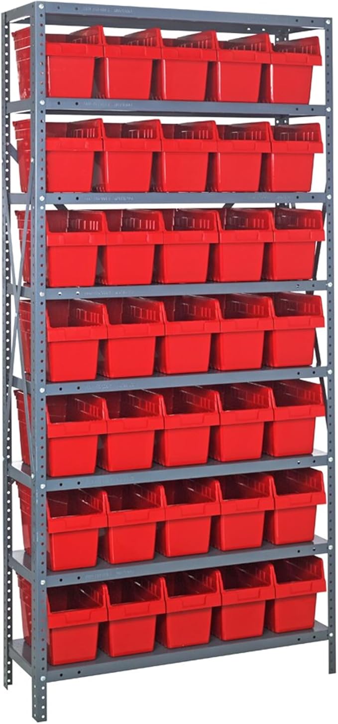 Quantum Storage Systems 1875-SB804RD Solid Heavy Duty 8 Shelves 35 STORE-MAX Red Bins 75" H x 36" W x 18" D
