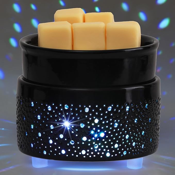 Wax Melt Warmer 3-in-1, Ceramic Candle Warmer & Oil Burner with Starry Sky Holes & Auto-Fading 7-Color Light, Fragrance Warmer for Scented Wax, for Mom Wife Sister (Black)
