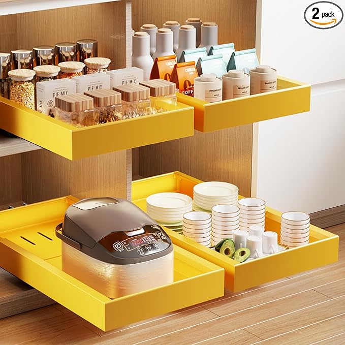 Mustorn 2 Pack Pull Out Cabinet Organizer,21.8" Deep Slide Out Drawer for Cabinets Adhesive Pull Out Drawers Heavy Duty Pull Out Shelves for Kitchen,Cupboard,Pantry,Bathroom-Yellow