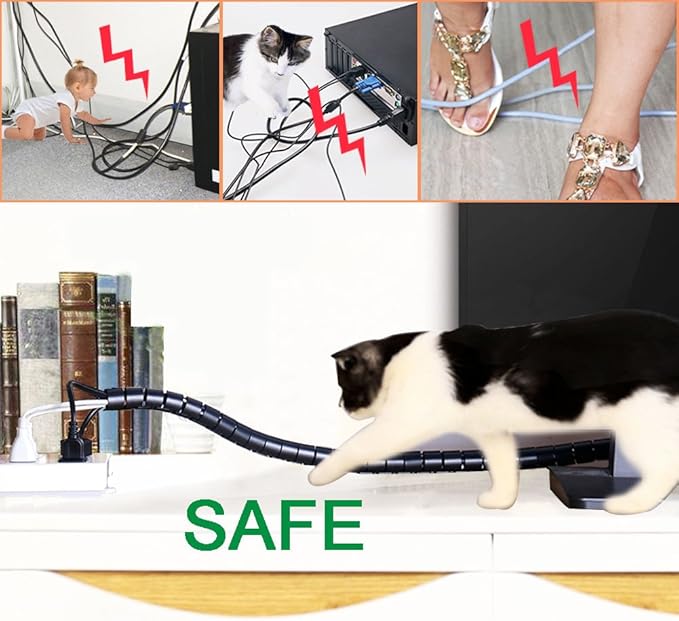 Black Computer Cable Management Wire Cover Electrical Cord Hider Solutions 2 PCS, VIWIEU Tangle Sprial Cable Tube with 4 Adhesive Cable Clips for TV Laptop Floor Home & Office