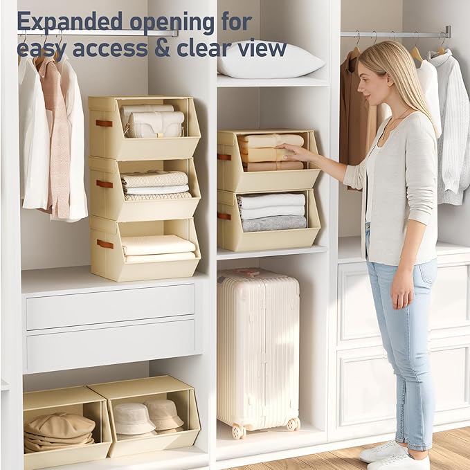 Stackable Closet Organizers and Storage Bins, Open Front Closet Shelf Organizer System With Steel Frame, Clothes Storage Basket Fabric, Collapsible Closet Drawers for Wardrobe, Nursery ,Toy, 4 Pack