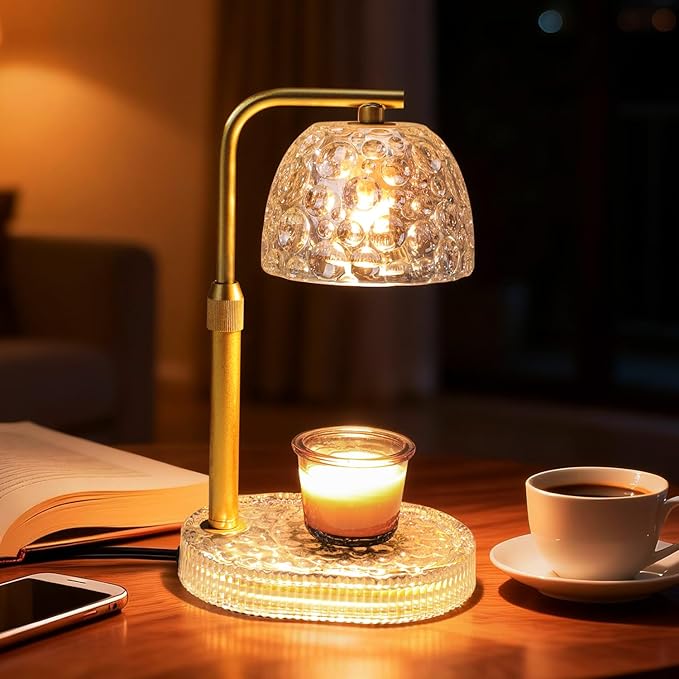 Textured Honeycomb Design Candle Warmer Lamp Adjustable Height, Flameless 4-Level Dimmable Wax Melt Warmer for Jar Candles with 2 Bulbs, House Warming Gifts, Safe Home Use(Pearl White)