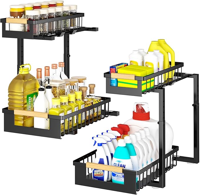 Under Sink Organizer, L-Shape 2 Tier Pull Out Cabinet Organizer with Adjustable Height, Metal Sliding Storage Rack for Kitchen Bathroom Pantry, Black, 2 Pack